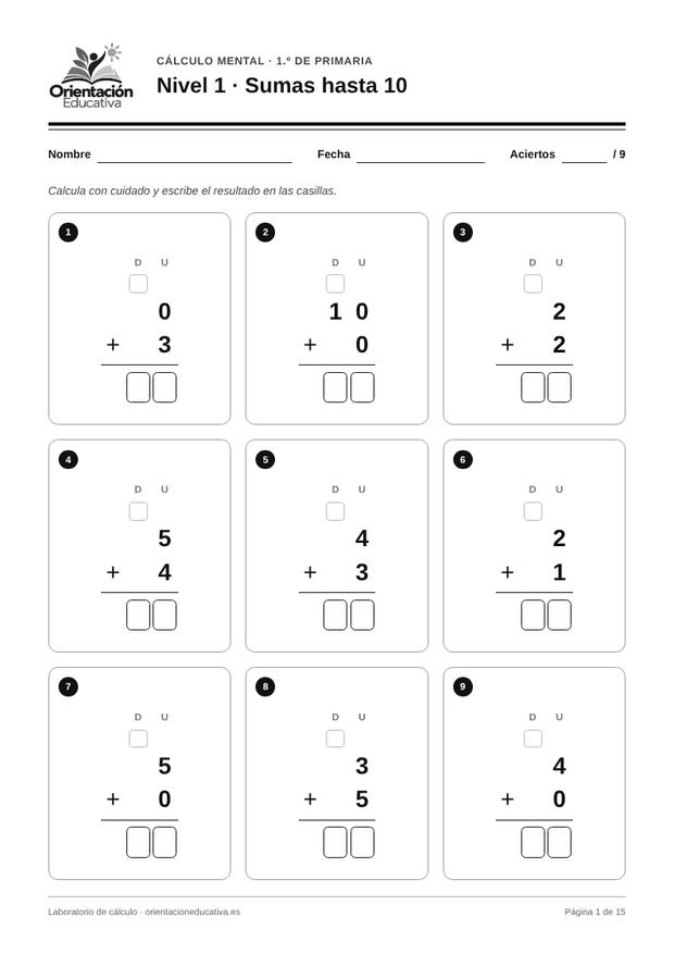 Ficha de cálculo mental para 1.º de Primaria: Sumas hasta 10