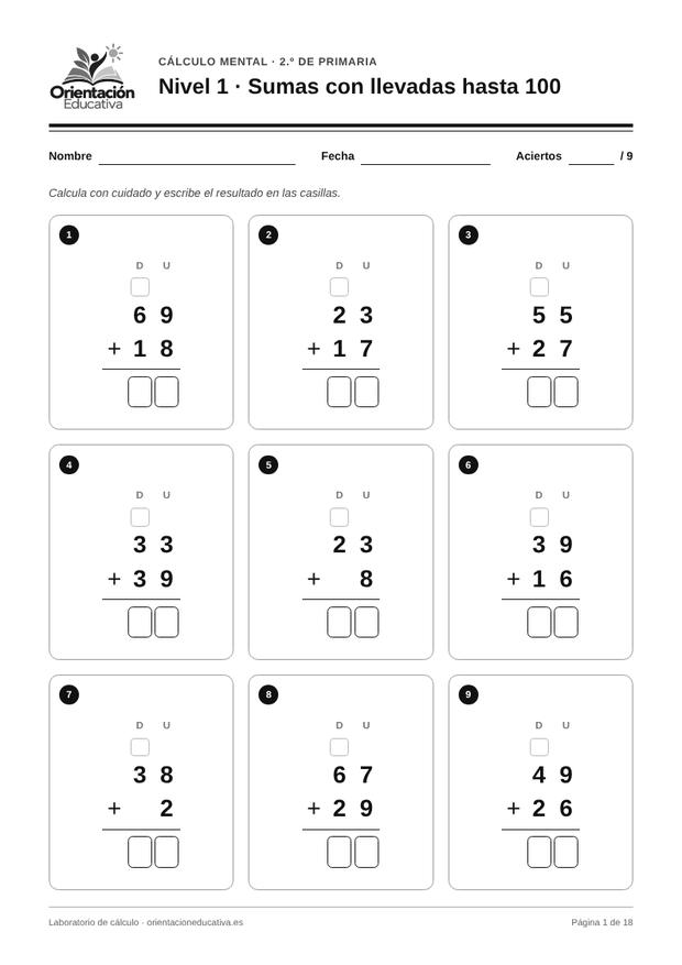Ficha de cálculo mental para 2.º de Primaria: Sumas con llevadas hasta 100
