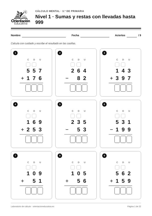 Ficha de cálculo mental para 3.º de Primaria: Sumas y restas con llevadas hasta 999