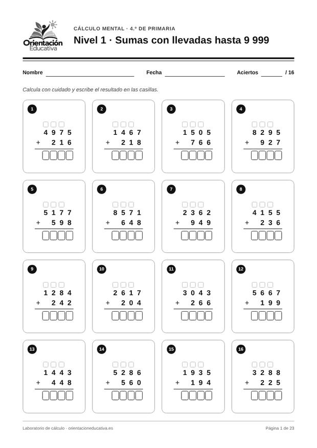Ficha de cálculo mental para 4.º de Primaria: Sumas con llevadas hasta 9 999