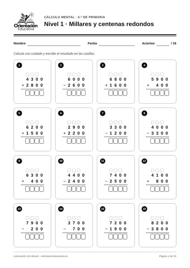 Ficha de cálculo mental para 5.º de Primaria: Millares y centenas redondos