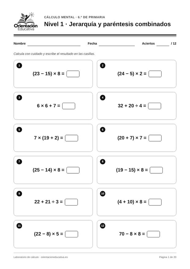 Ficha de cálculo mental para 6.º de Primaria: Jerarquía y paréntesis combinados