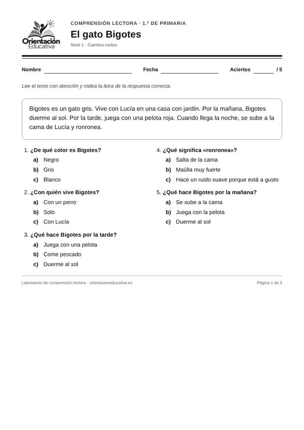 Ficha de comprensión lectora para 1.º de Primaria: Cuentos cortos