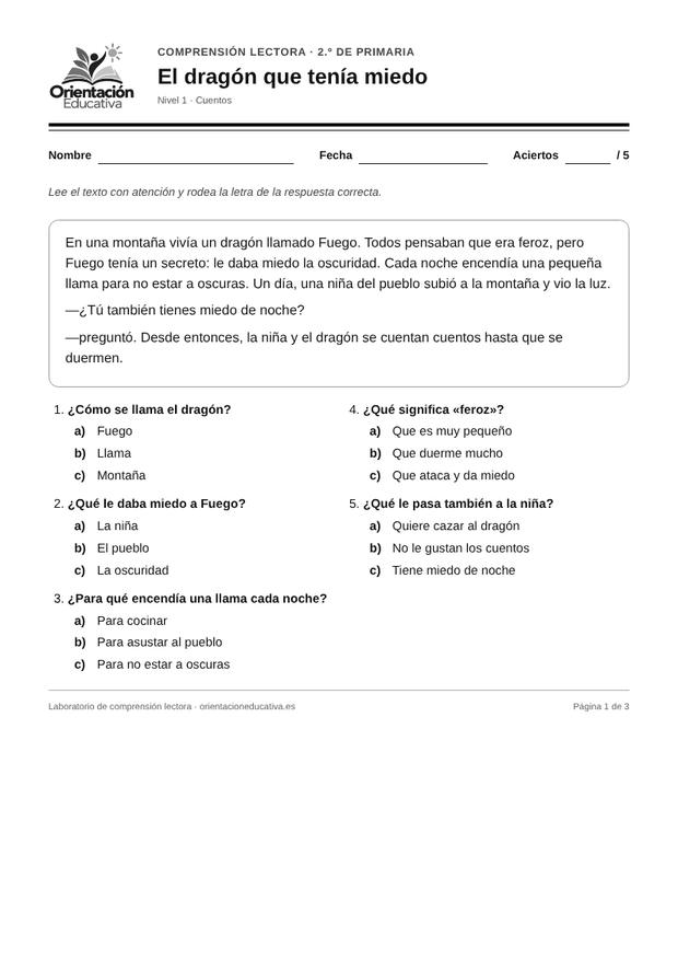 Ficha de comprensión lectora para 2.º de Primaria: Cuentos