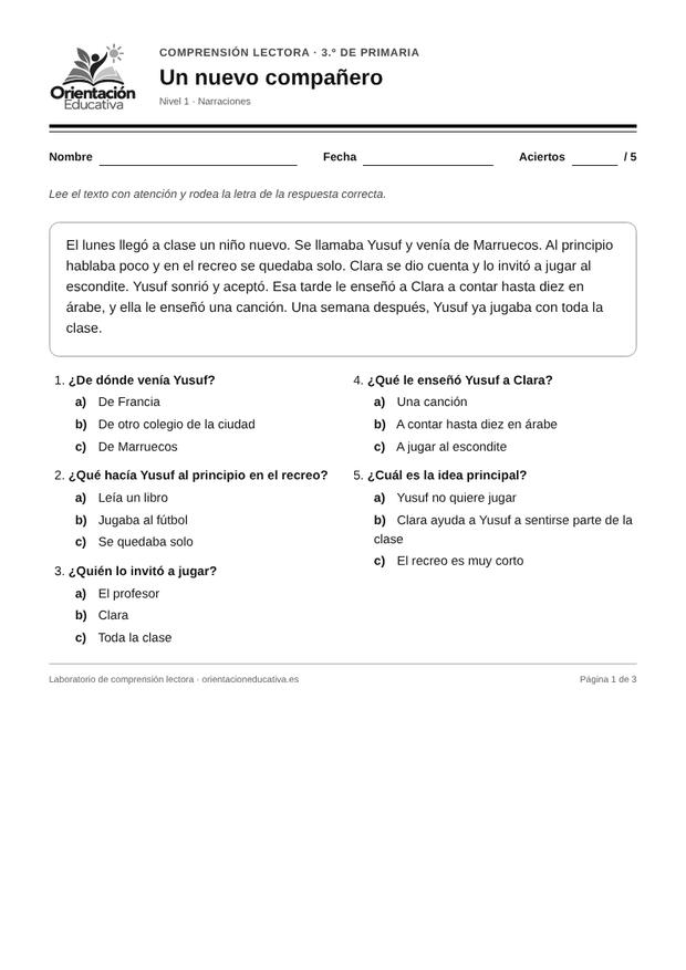 Ficha de comprensión lectora para 3.º de Primaria: Narraciones
