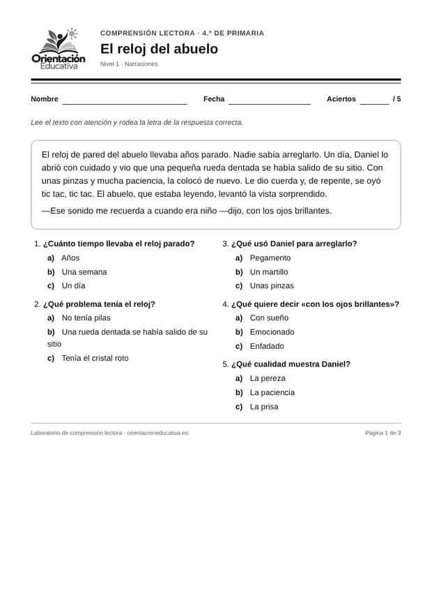 Ficha de comprensión lectora para 4.º de Primaria: Narraciones