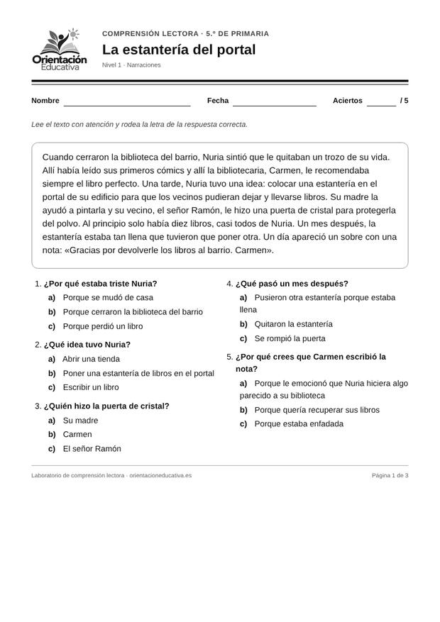 Ficha de comprensión lectora para 5.º de Primaria: Narraciones