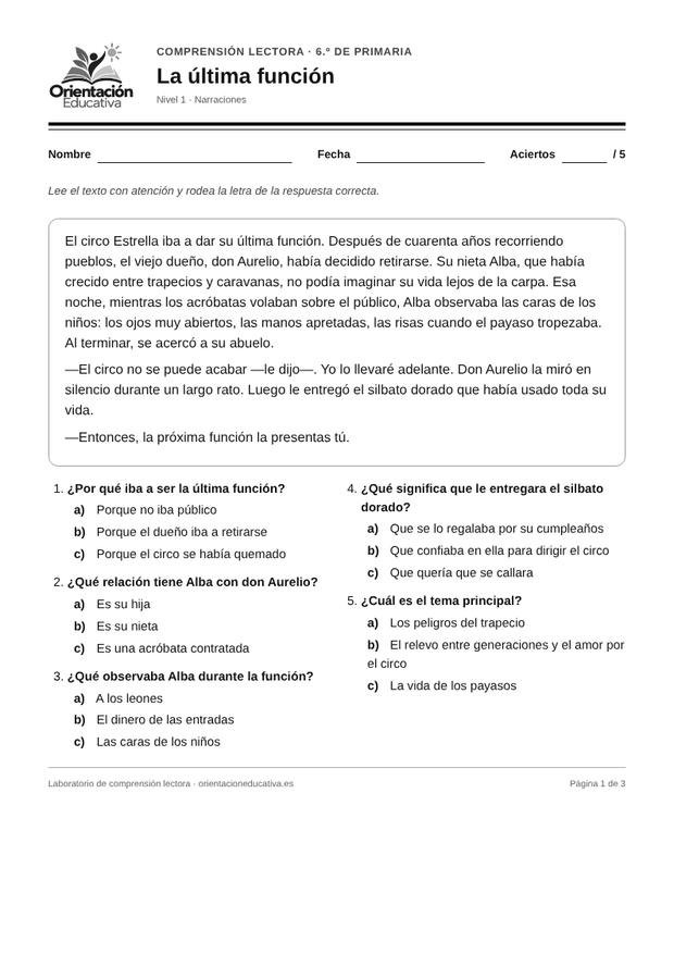 Ficha de comprensión lectora para 6.º de Primaria: Narraciones