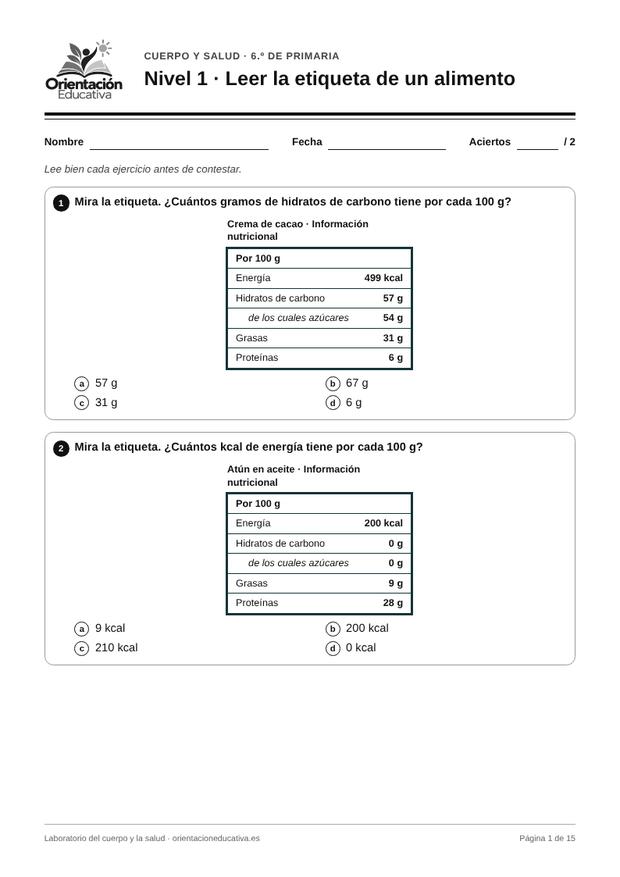 Ficha de el cuerpo humano para 6.º de Primaria: Leer la etiqueta de un alimento