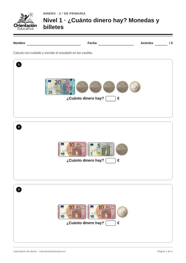 Ficha de dinero para 2.º de Primaria: ¿Cuánto dinero hay? Monedas y billetes