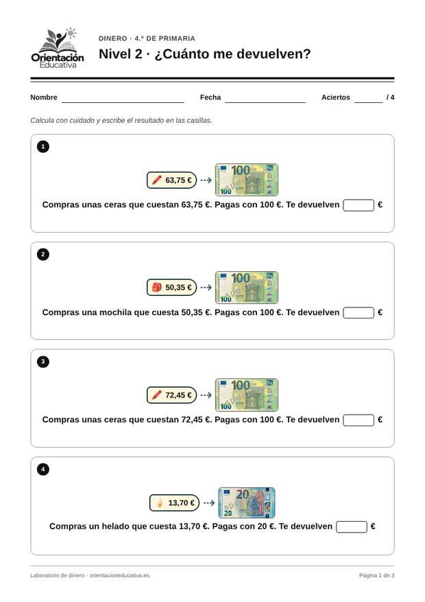 Ficha de dinero para 4.º de Primaria: ¿Cuánto me devuelven?