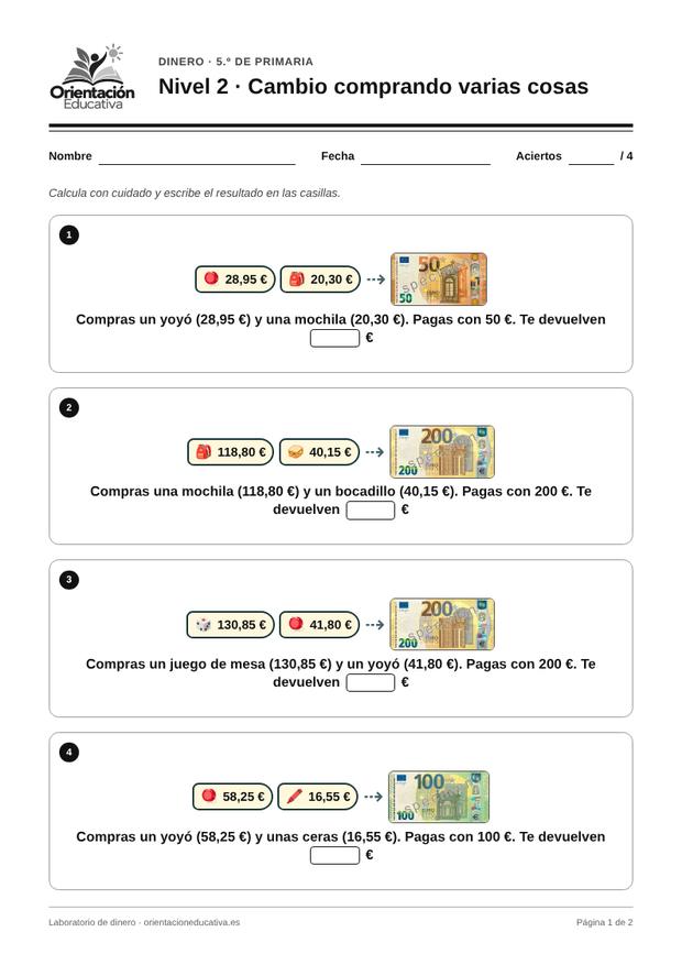 Ficha de dinero para 5.º de Primaria: Cambio comprando varias cosas