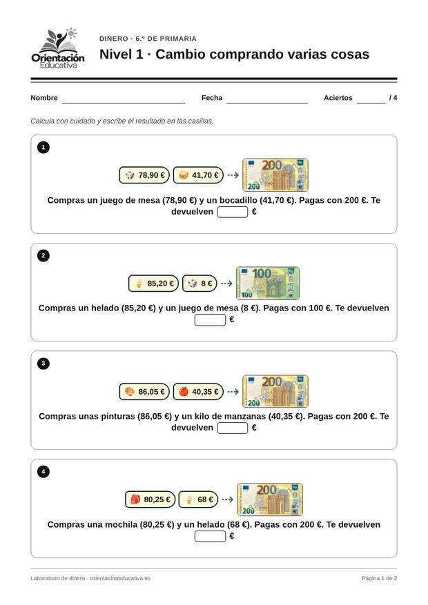 Ficha de dinero para 6.º de Primaria: Cambio comprando varias cosas