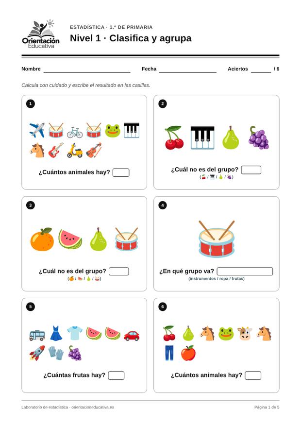 Ficha de estadística para 1.º de Primaria: Clasifica y agrupa