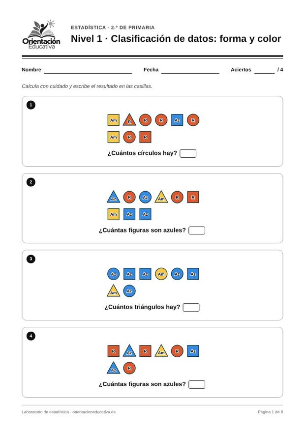 Ficha de estadística para 2.º de Primaria: Clasificación de datos: forma y color