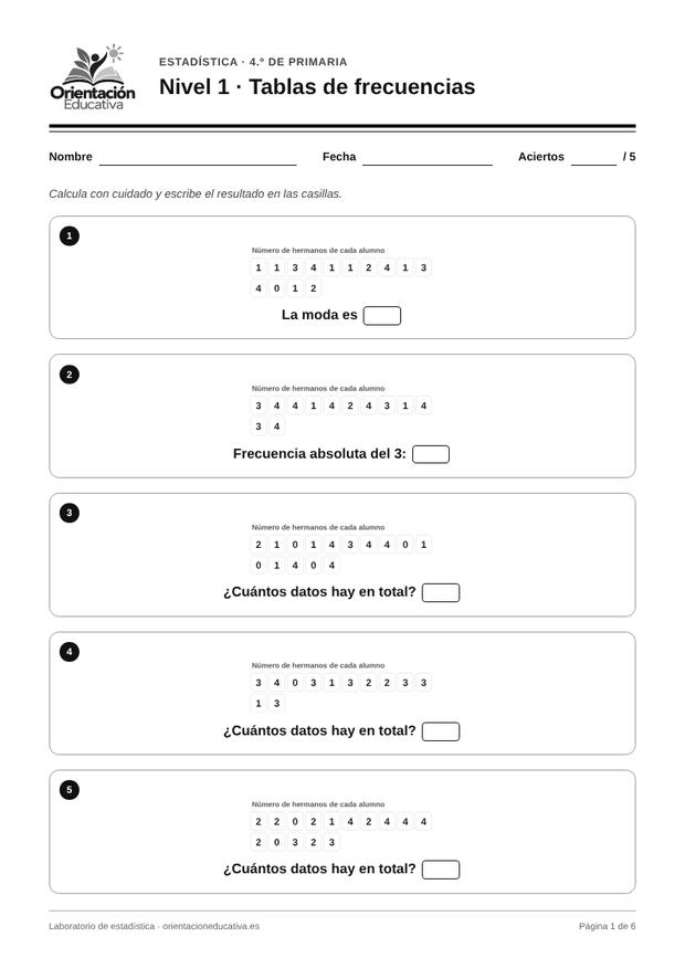 Ficha de estadística para 4.º de Primaria: Tablas de frecuencias