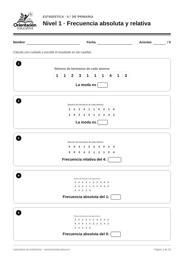 Ficha de estadística para 5.º de Primaria: Frecuencia absoluta y relativa