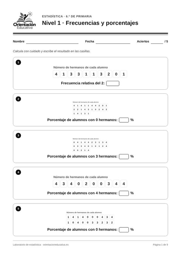 Ficha de estadística para 6.º de Primaria: Frecuencias y porcentajes
