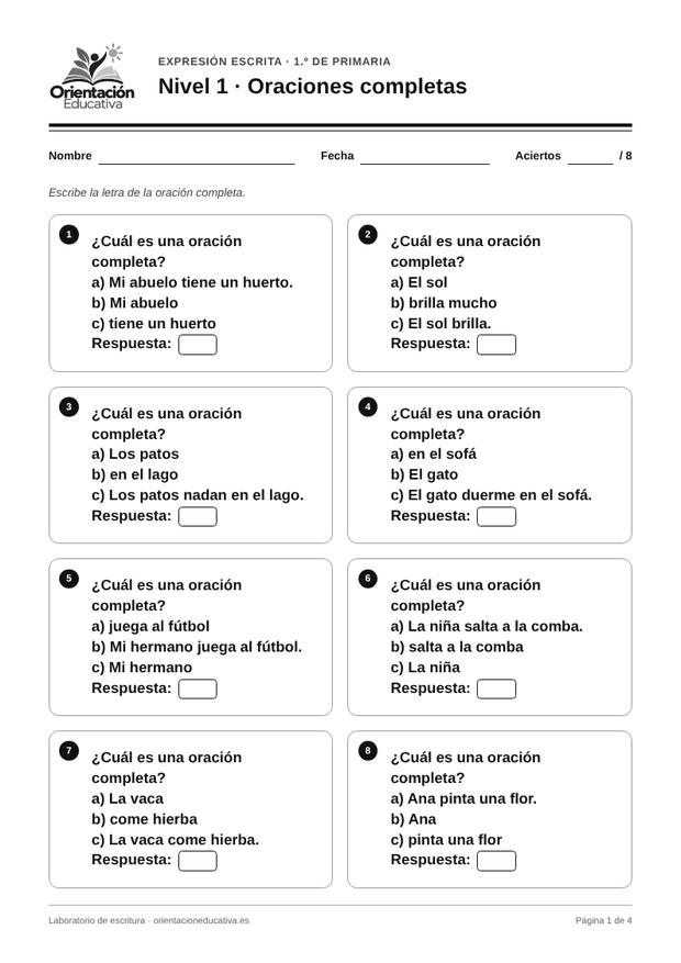 Ficha de expresión escrita para 1.º de Primaria: Oraciones completas