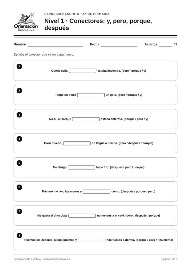 Ficha de expresión escrita para 2.º de Primaria: Conectores: y, pero, porque, después