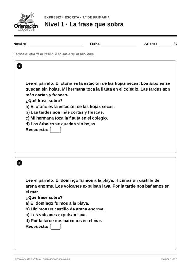 Ficha de expresión escrita para 3.º de Primaria: La frase que sobra