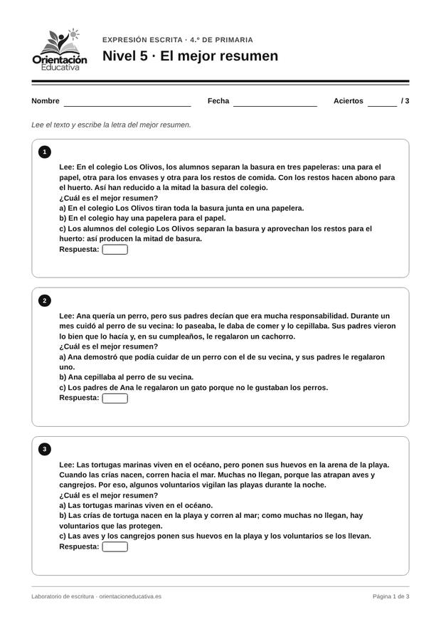 Ficha de expresión escrita para 4.º de Primaria: El mejor resumen