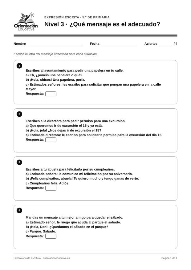 Ficha de expresión escrita para 5.º de Primaria: ¿Qué mensaje es el adecuado?