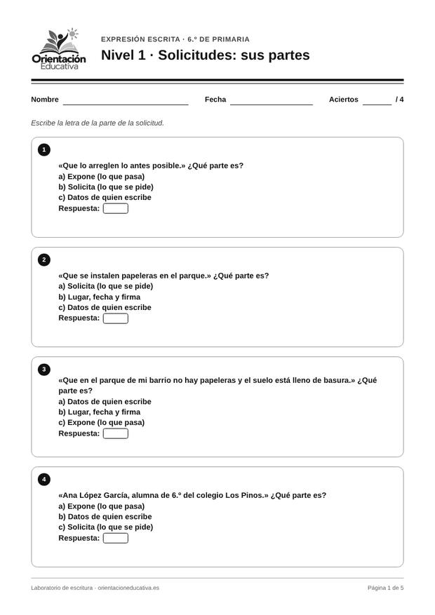 Ficha de expresión escrita para 6.º de Primaria: Solicitudes: sus partes