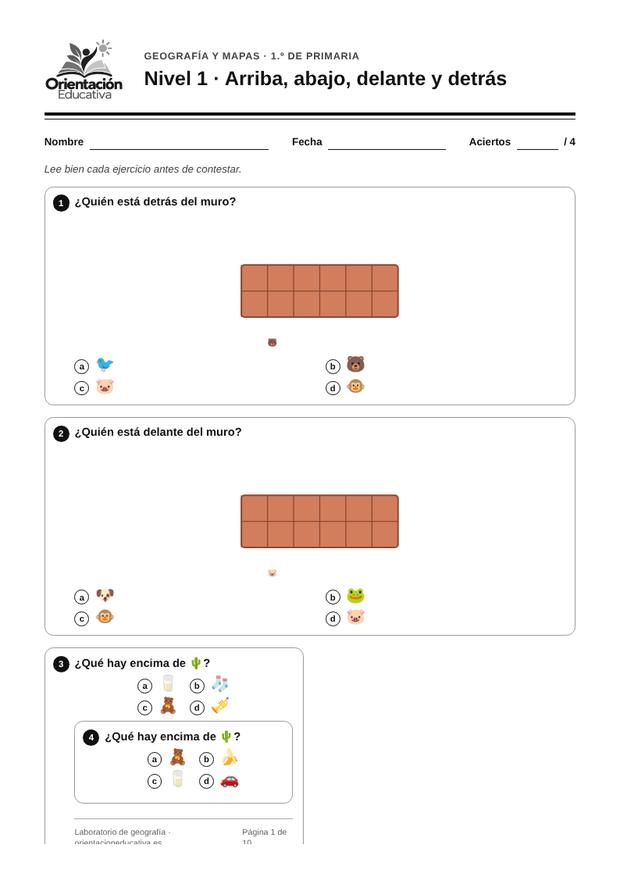 Ficha de geografía para 1.º de Primaria: Arriba, abajo, delante y detrás