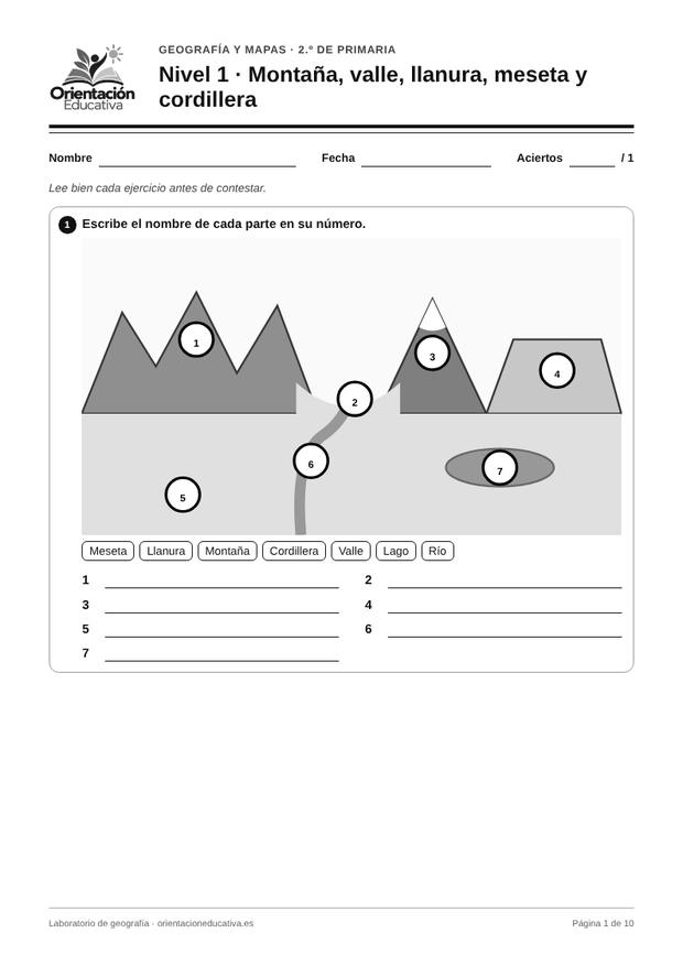 Ficha de geografía para 2.º de Primaria: Montaña, valle, llanura, meseta y cordillera