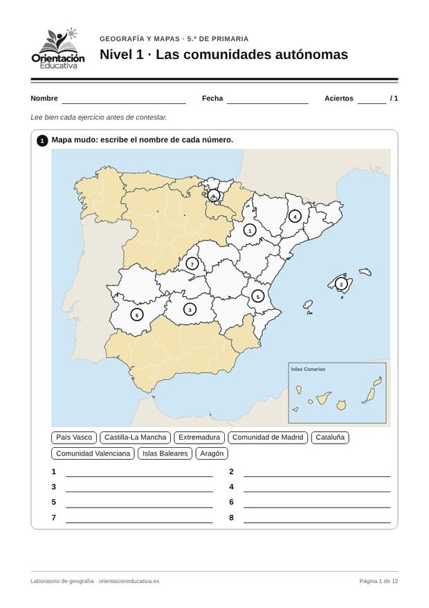Ficha de geografía para 5.º de Primaria: Las comunidades autónomas