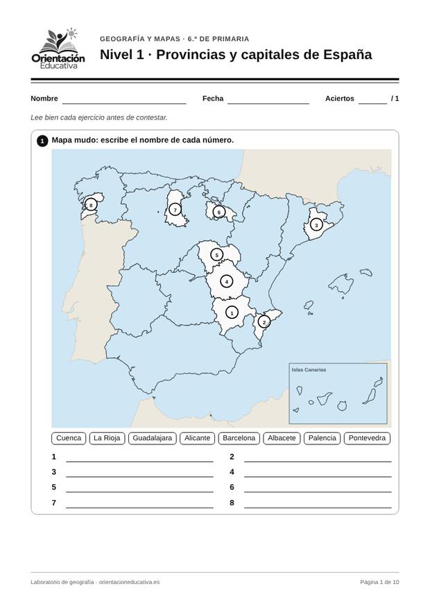 Ficha de geografía para 6.º de Primaria: Provincias y capitales de España