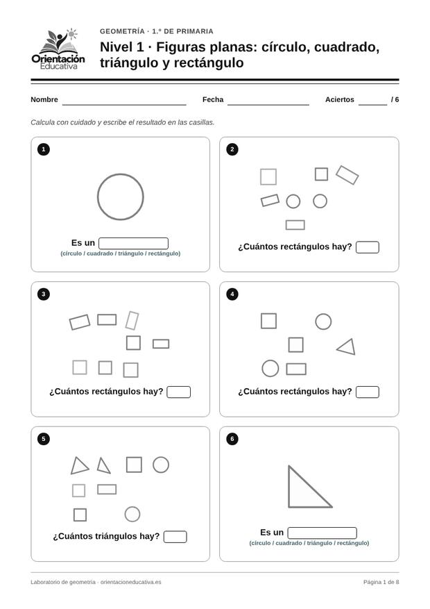 Ficha de geometría para 1.º de Primaria: Figuras planas: círculo, cuadrado, triángulo y rectángulo