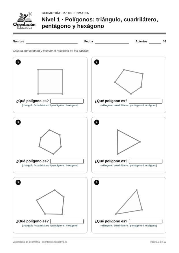 Ficha de geometría para 2.º de Primaria: Polígonos: triángulo, cuadrilátero, pentágono y hexágono