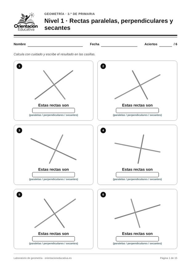 Ficha de geometría para 3.º de Primaria: Rectas paralelas, perpendiculares y secantes