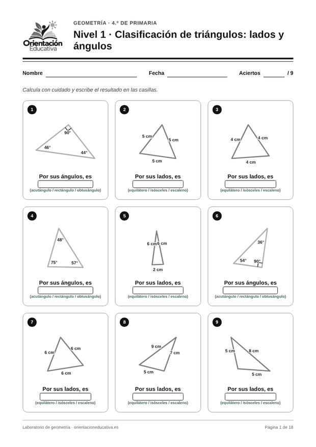 Ficha de geometría para 4.º de Primaria: Clasificación de triángulos: lados y ángulos