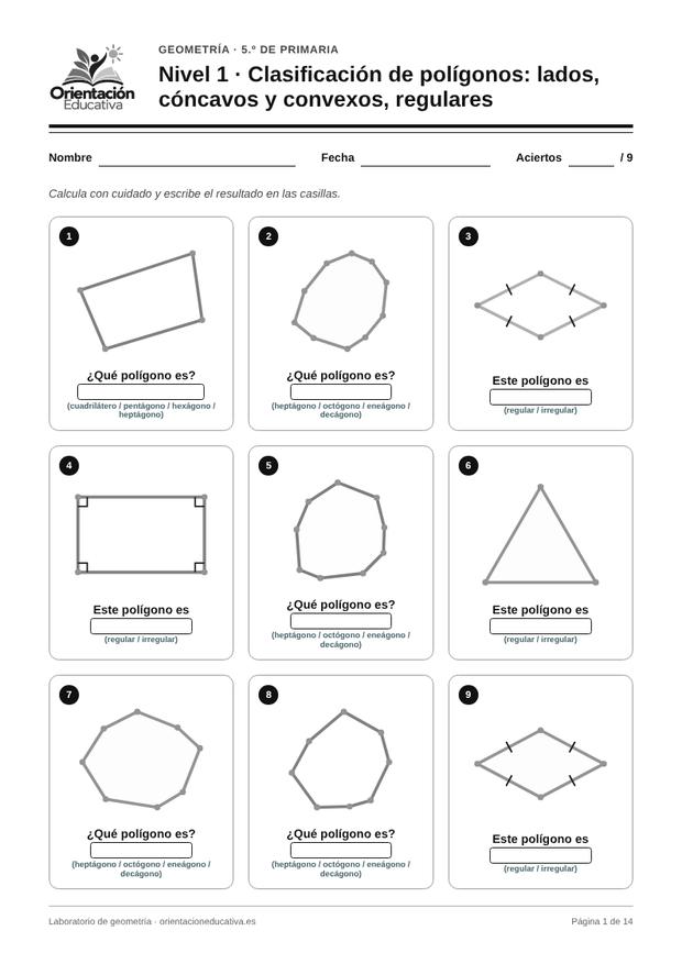 Ficha de geometría para 5.º de Primaria: Clasificación de polígonos: lados, cóncavos y convexos, regulares