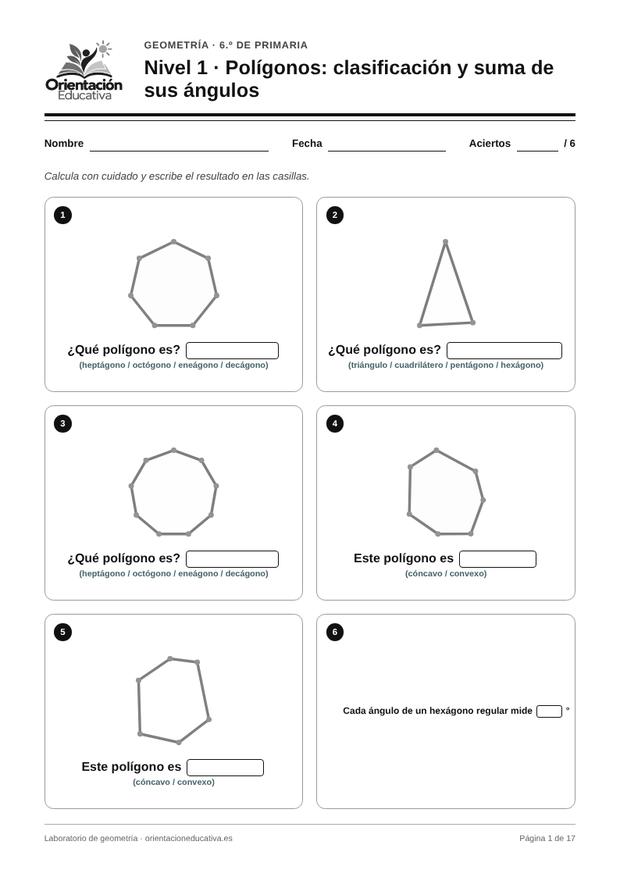 Ficha de geometría para 6.º de Primaria: Polígonos: clasificación y suma de sus ángulos