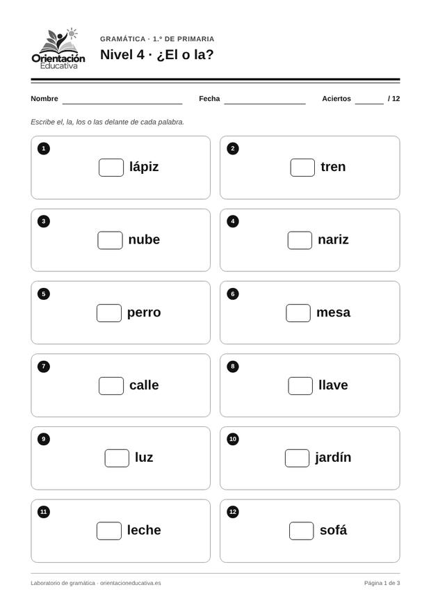 Ficha de gramática para 1.º de Primaria: ¿El o la?