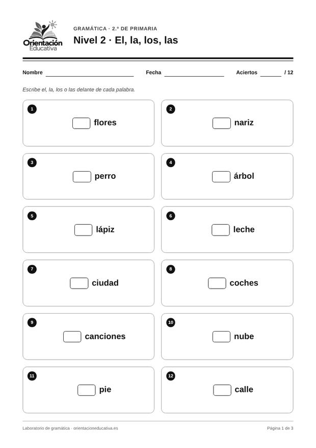 Ficha de gramática para 2.º de Primaria: El, la, los, las