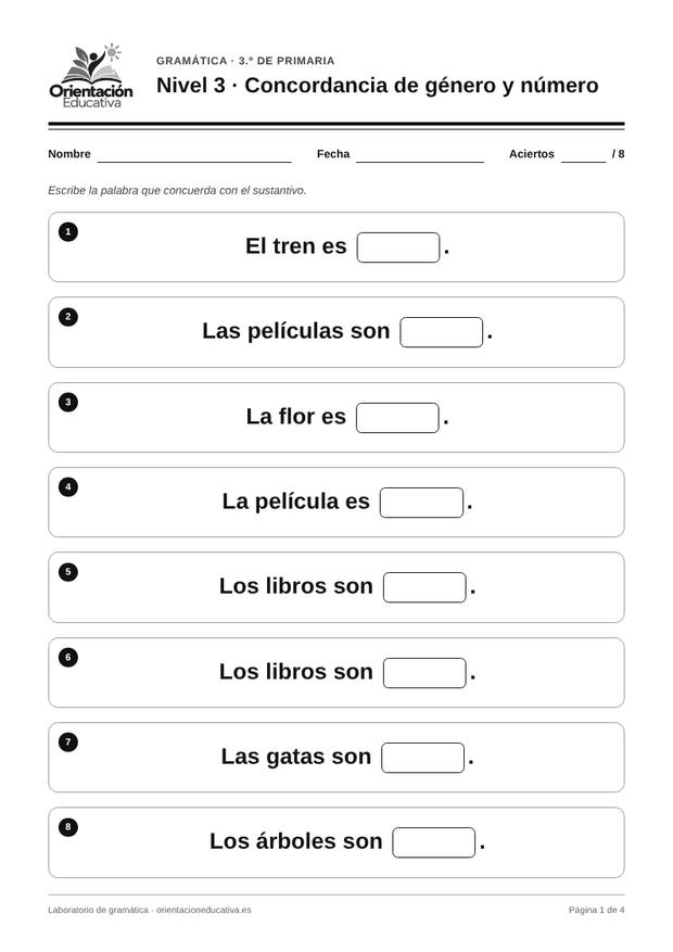 Ficha de gramática para 3.º de Primaria: Concordancia de género y número