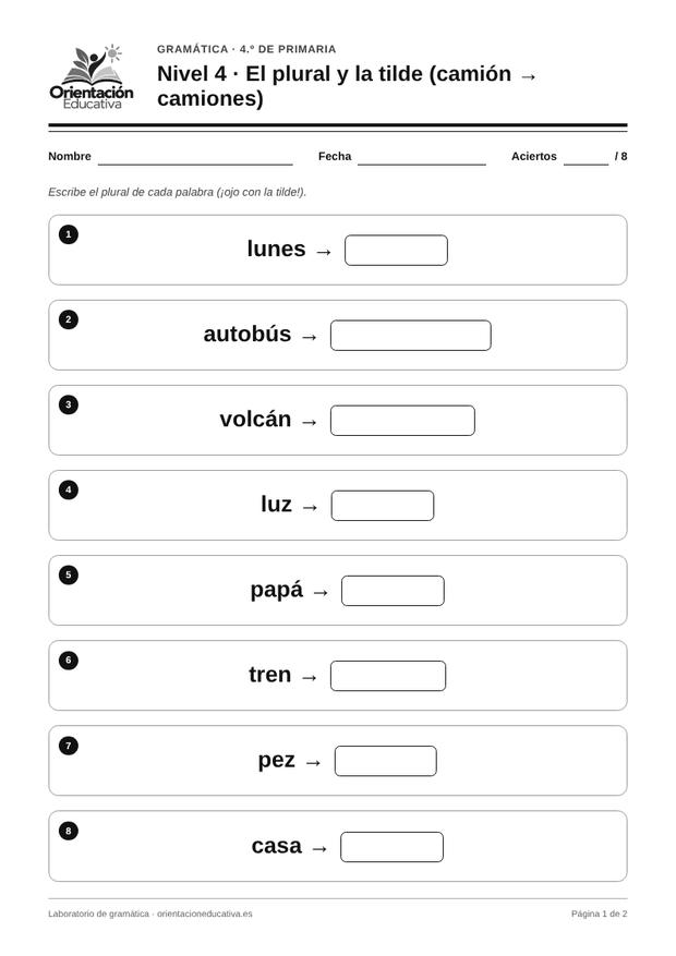 Ficha de gramática para 4.º de Primaria: El plural y la tilde (camión → camiones)