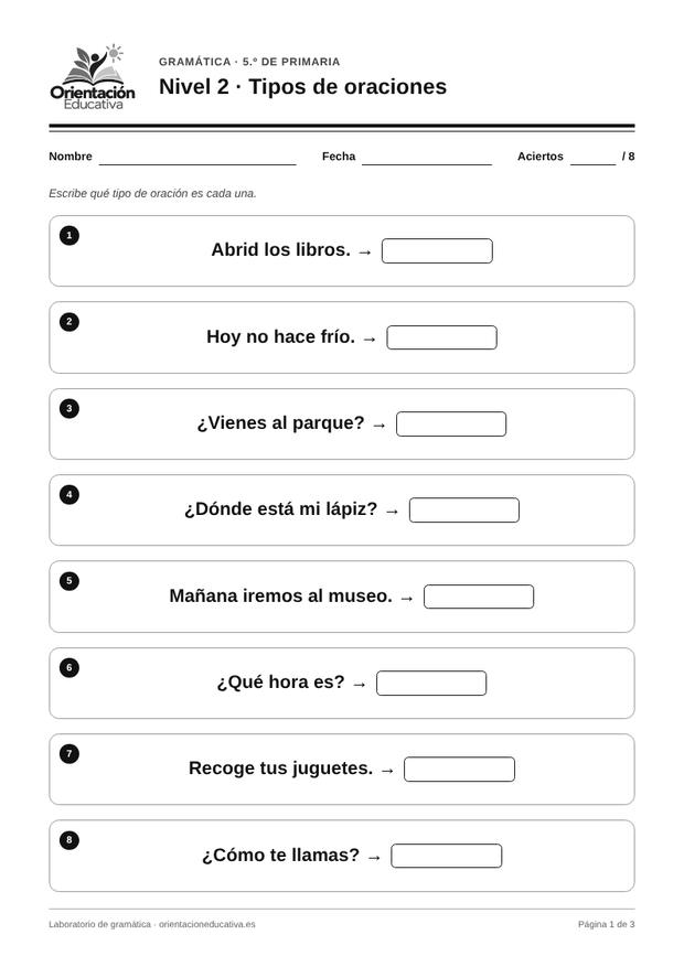 Ficha de gramática para 5.º de Primaria: Tipos de oraciones
