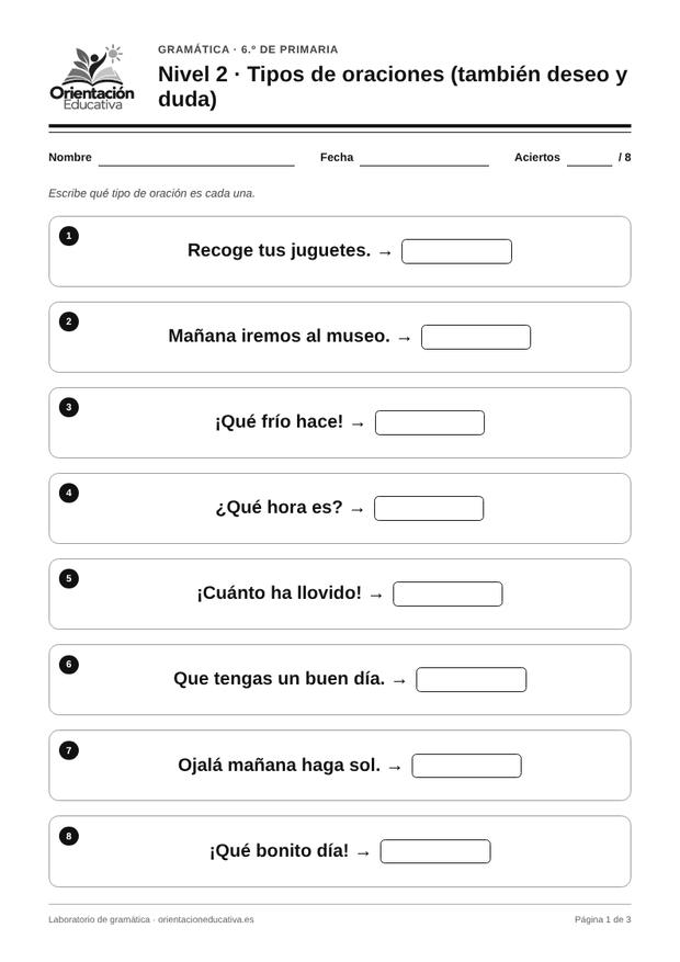 Ficha de gramática para 6.º de Primaria: Tipos de oraciones (también deseo y duda)