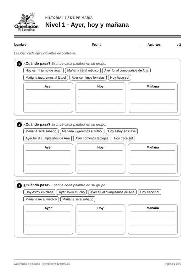 Ficha de historia para 1.º de Primaria: Ayer, hoy y mañana