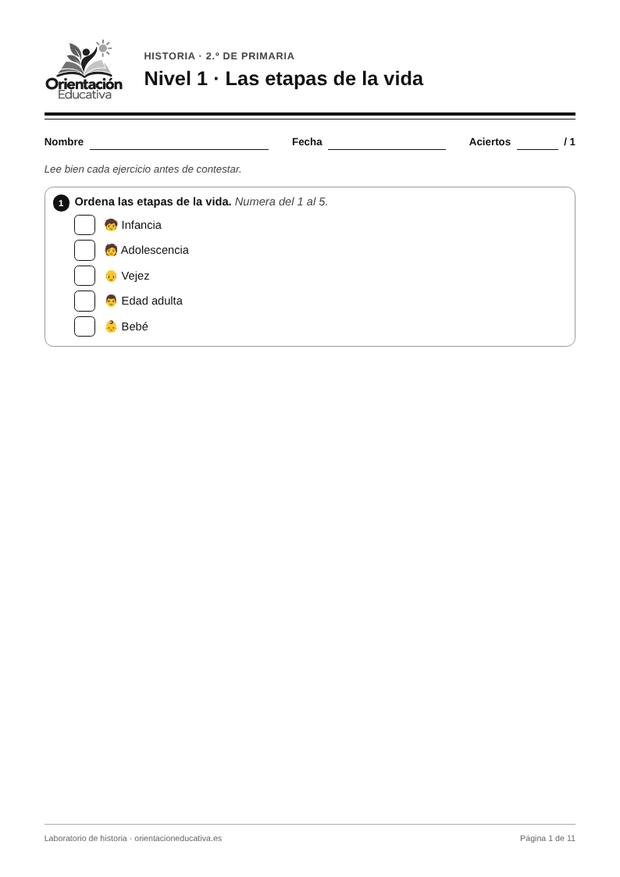 Ficha de historia para 2.º de Primaria: Las etapas de la vida