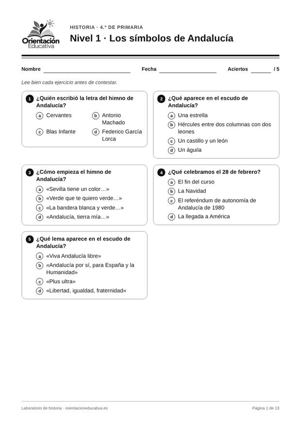 Ficha de historia para 4.º de Primaria: Los símbolos de Andalucía