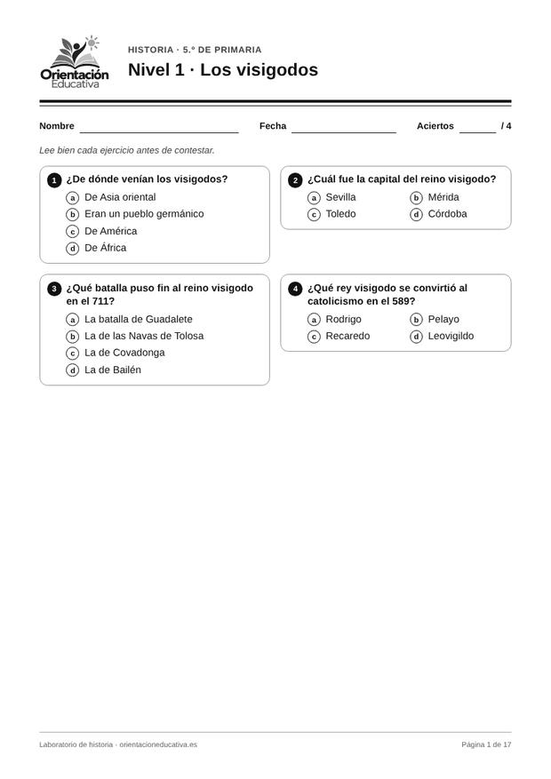 Ficha de historia para 5.º de Primaria: Los visigodos