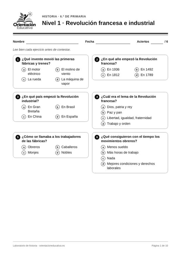 Ficha de historia para 6.º de Primaria: Revolución francesa e industrial