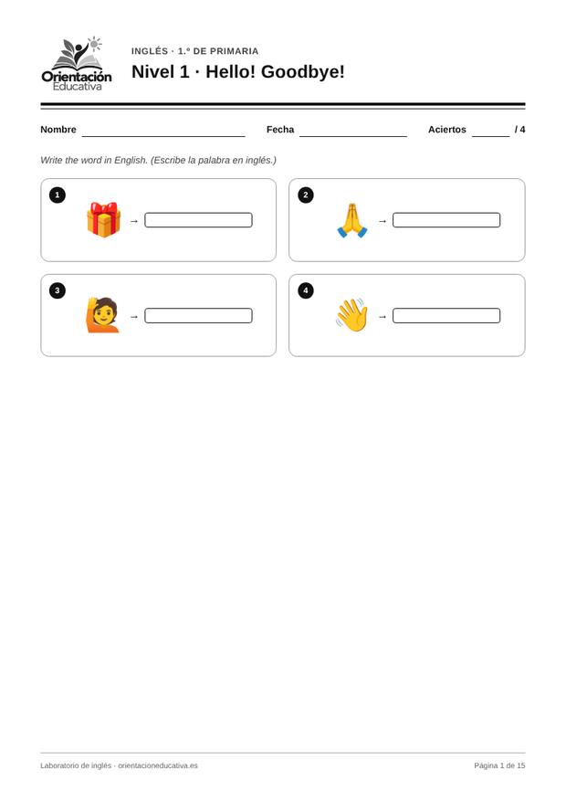 Ficha de inglés para 1.º de Primaria: Hello! Goodbye!